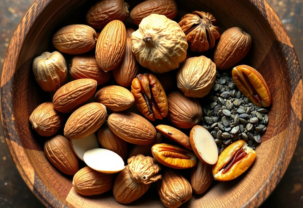 Una variedad de nueces y semillas como almendras, nueces y semillas de chía