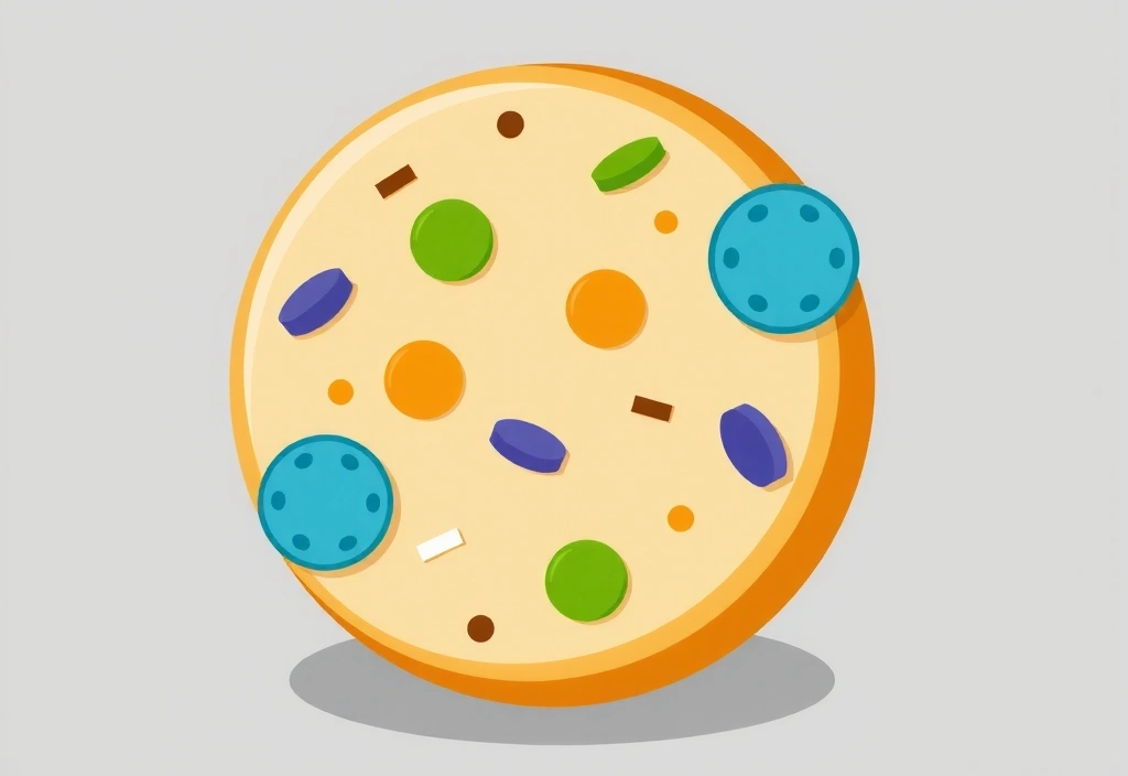 Ilustración de una galleta digital con chips de información flotando alrededor, simbolizando las cookies web.