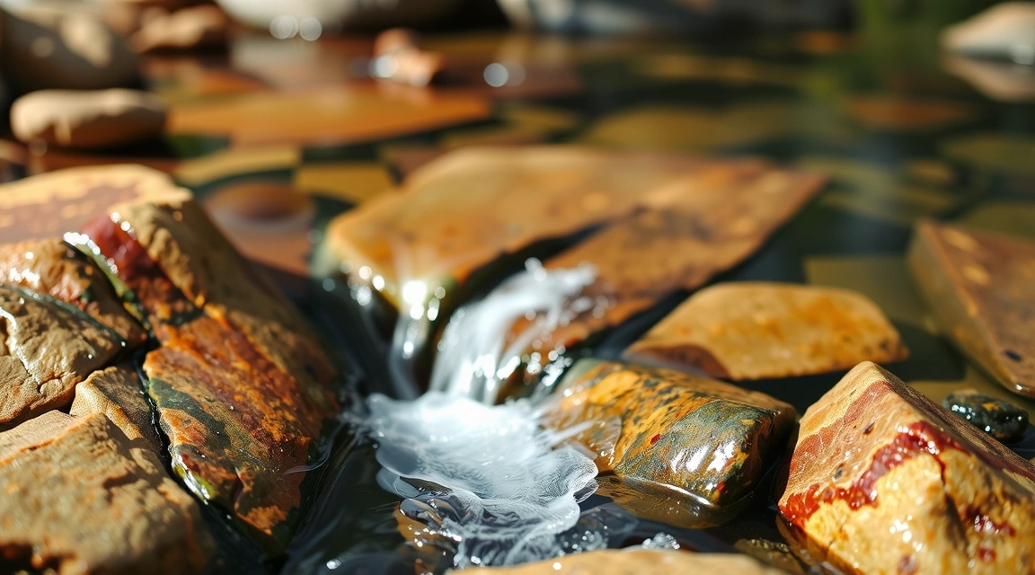 Agua fluyendo suavemente en un arroyo con rocas pulidas, simbolizando una digestión fluida y armoniosa.