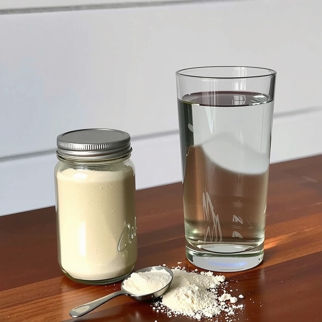 Fibra dietética en polvo con un vaso de agua
