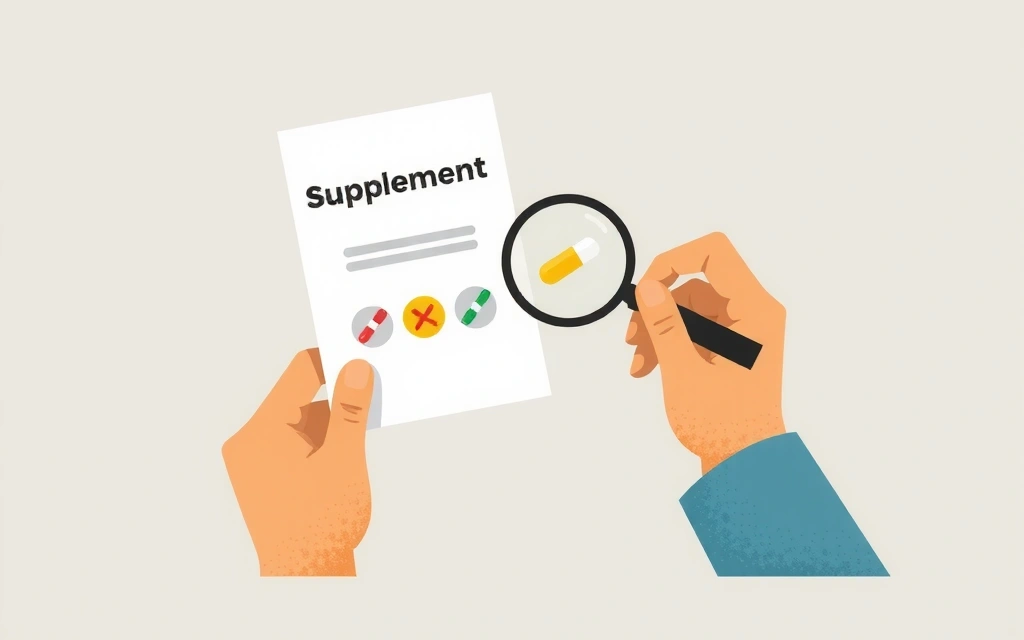 Persona leyendo la etiqueta de un suplemento con lupa, fondo minimalista y limpio.