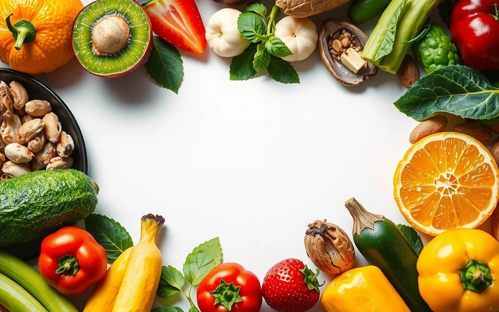 Imagen vibrante de una variedad de frutas, verduras, nueces y hierbas frescas y coloridas, dispuestas artísticamente para representar una dieta que refuerza la inmunidad.