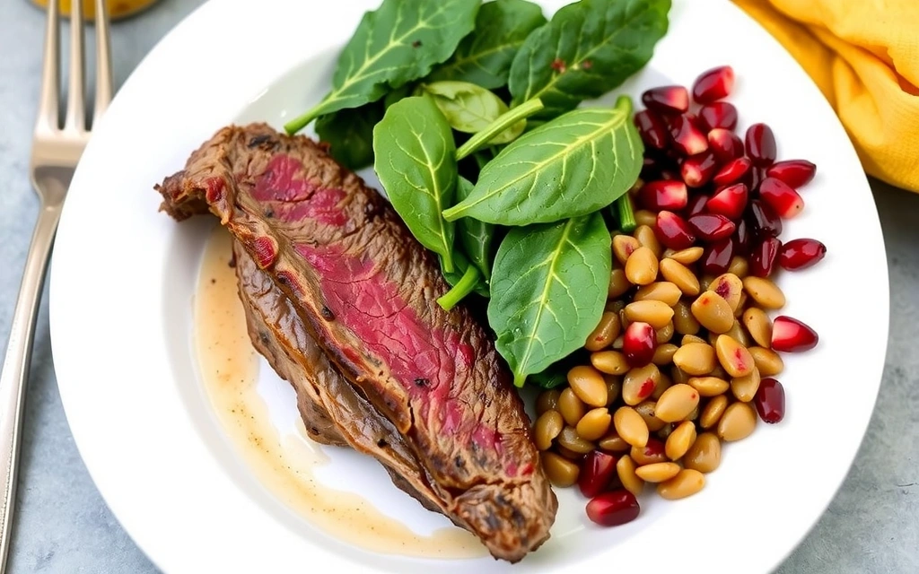 Plato con alimentos ricos en hierro: carne roja magra, espinacas frescas, lentejas y granadas.