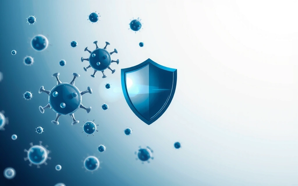 Una representación abstracta de un sistema inmune fuerte, quizás con células protectoras estilizadas y un escudo, en tonos azules y blancos.
