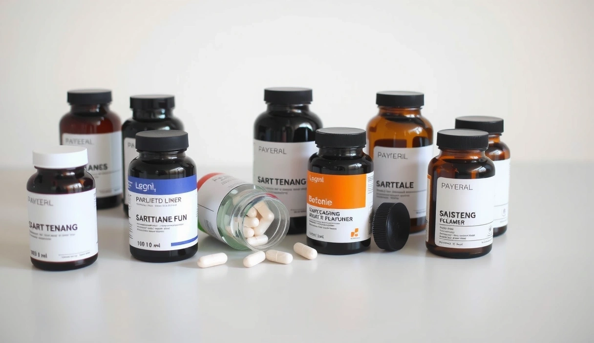 Variedad de suplementos alimenticios en envases modernos y elegantes, con un fondo suavemente desenfocado que sugiere un ambiente de bienestar.